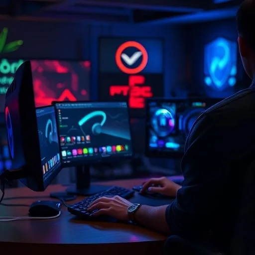 Dynamic, abstract visual representing speed and energy flow with electric cyan and neon green light streaks.